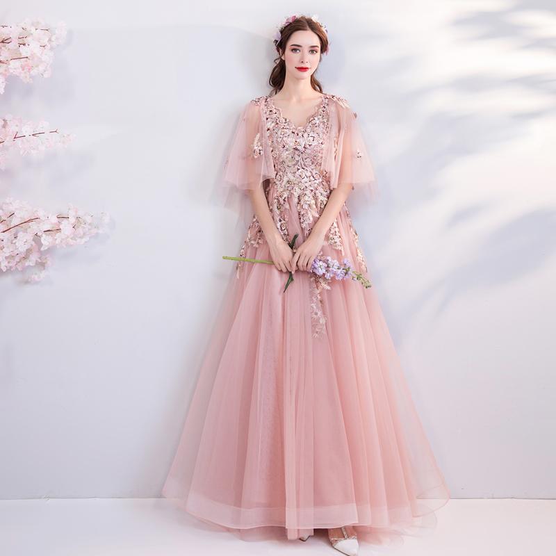 Princess A Line Pink Long Tulle Appliques V Neck Prom Dresses ING68