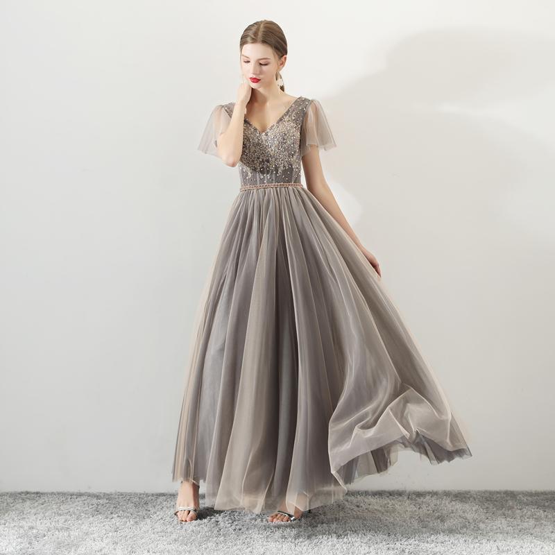 A Line Tulle Long Appliques Beaded Prom Dresses, Grey Formal Evening Dress ING72