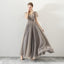 A Line Tulle Long Appliques Beaded Prom Dresses, Grey Formal Evening Dress ING72