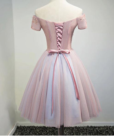 Off the Shoulder A Line Lace Appliques Short Sleeves Homecoming Dresses INC56