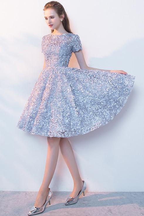 Elegant Lace A Line Short Light Blue Homecoming Dresses INC95