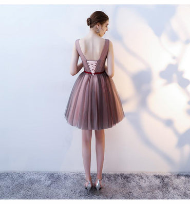 Charming A Line V Neck Red Flowers Short Tulle Homecoming Dresses INC65