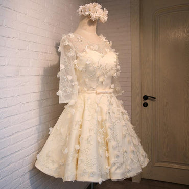 A Line Floral Short Round Neck 3/4 Sleeves Homecoming Dresses IND4