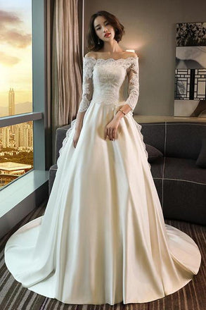 Modest 3/4 Sleeve Off the Shoulder A Line Lace Wedding Dress IN642