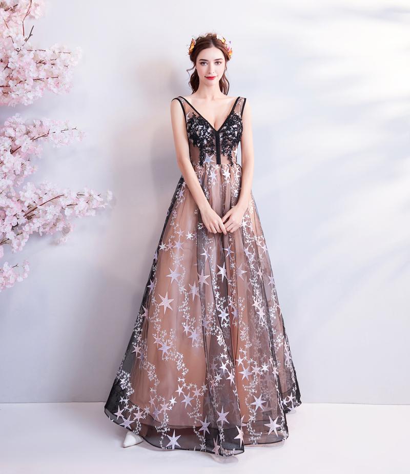 A Line V Neck Appliques Long Prom Dress With Stars Evening Dresses INQ71