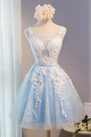 A Line Lace Appliques Round Neck Sky Blue Short Homecoming Dresses IND7