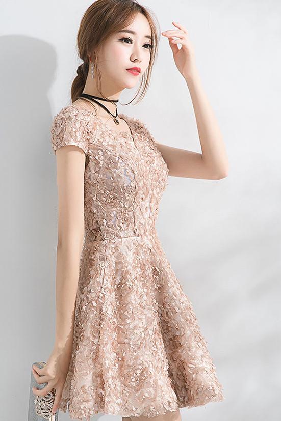 Beautiful A Line Short Sleeves Mini Lace Homecoming Dresses INC52