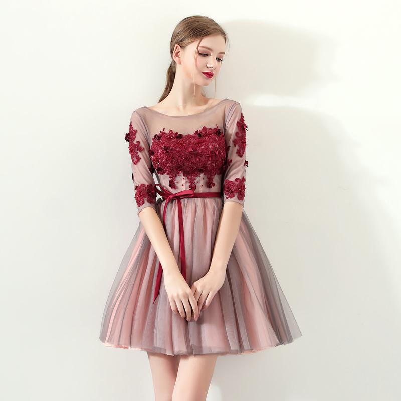 A Line Red Flowers Half Sleeves Homecoming Dresses, Short Appliques Prom Dress INN61