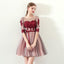 A Line Red Flowers Half Sleeves Homecoming Dresses, Short Appliques Prom Dress INN61