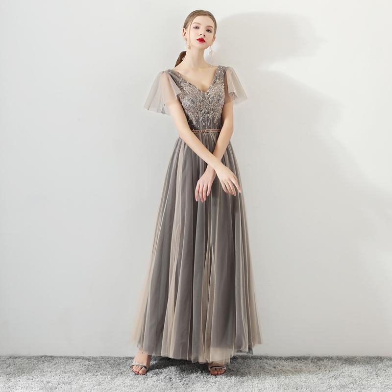 A Line Tulle Long Appliques Beaded Prom Dresses, Grey Formal Evening Dress ING72