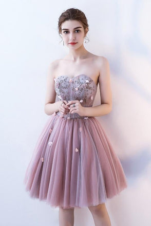 A Line Strapless Flowers Short Tulle Homecoming Dresses,Cocktail Dress INC64