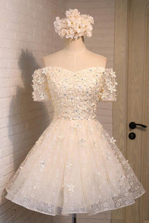 Off the Shoulder A Line Lace Appliques Short Homecoming Dresses IND5