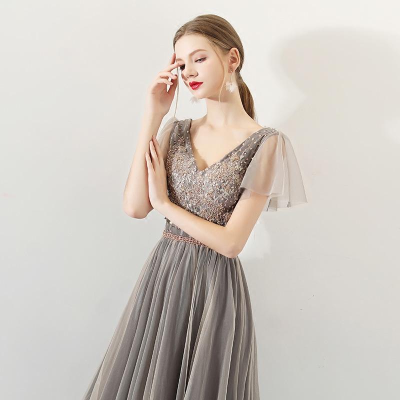 A Line Tulle Long Appliques Beaded Prom Dresses, Grey Formal Evening Dress ING72