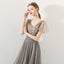A Line Tulle Long Appliques Beaded Prom Dresses, Grey Formal Evening Dress ING72