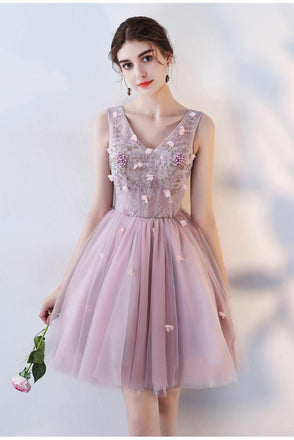 Pink A Line V Neck Flowers Short Homecoming Dresses,Mini School Dress INC63