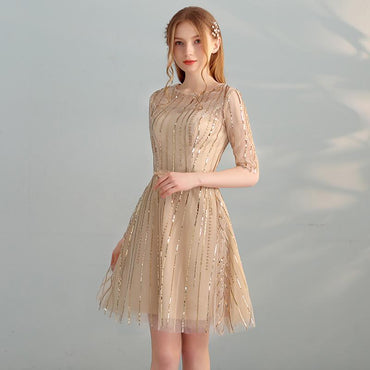 Gold Sequins A Line Short Tulle Half Sleeves Homecoming Dresses INC98