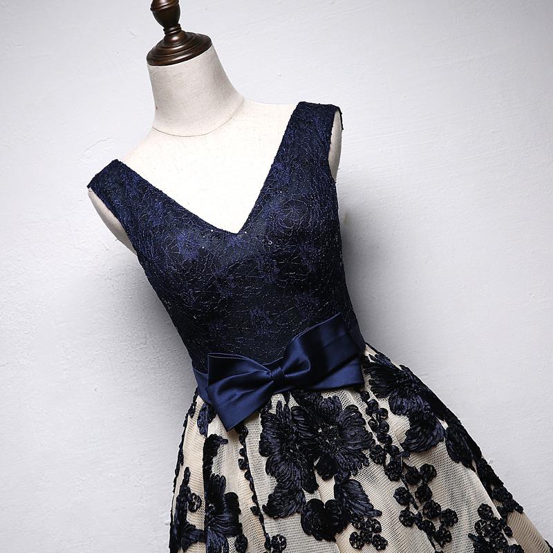 A Line Navy Blue V Neck Homecoming Dresses, Short Bow-knot Prom Dress INN66