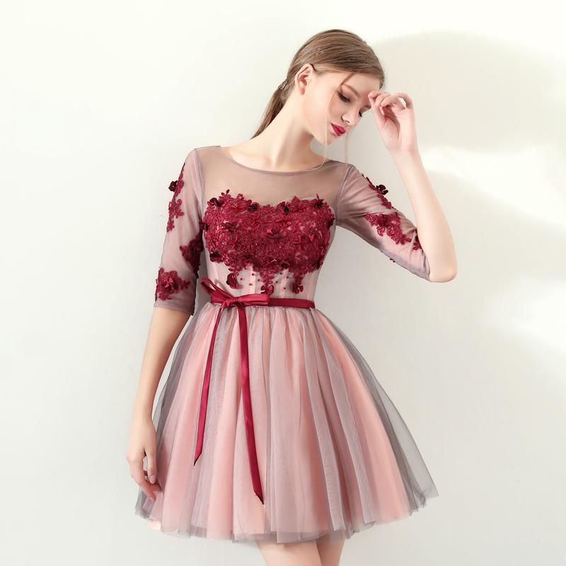 A Line Red Flowers Half Sleeves Homecoming Dresses, Short Appliques Prom Dress INN61