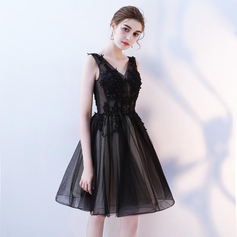 A Line V Neck Black Homecoming Dresses, Short Tulle Appliques Prom Dress INN63