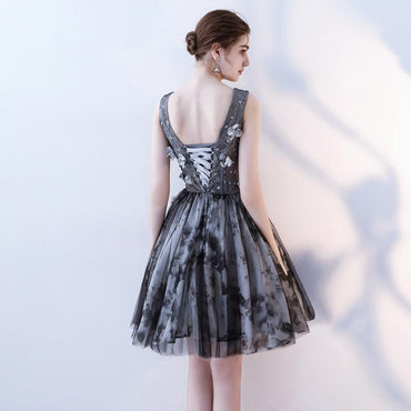 V Neck A Line Flowers Homecoming Dresses, Short Grey Prom Dress INN60