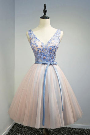 A Line Lace Top Belt V Neck Short Homecoming Dresses IND8