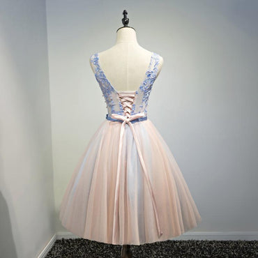 A Line Lace Top Belt V Neck Short Homecoming Dresses IND8