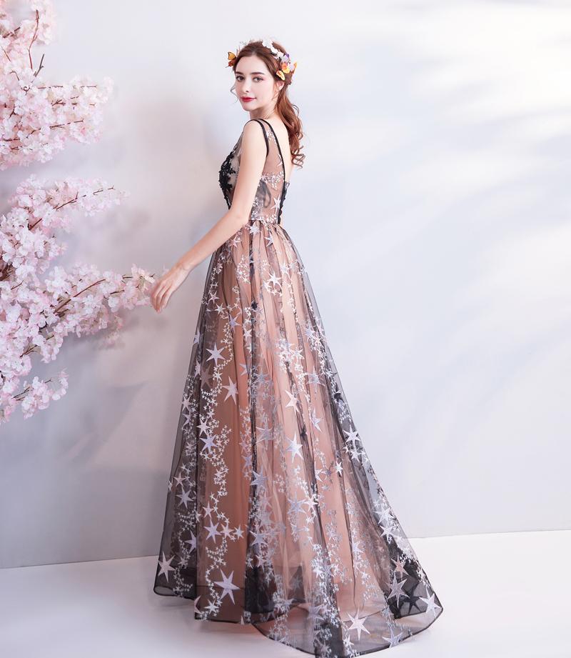 A Line V Neck Appliques Long Prom Dress With Stars Evening Dresses INQ71