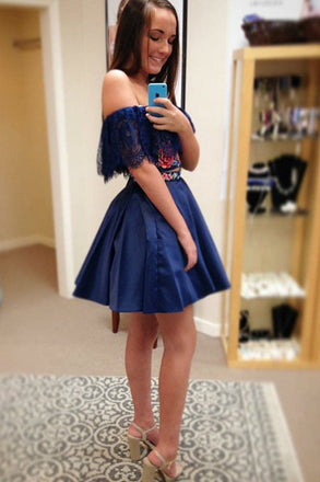 Two Piece Off the Shoulder Floral Satin Dark Blue Homecoming Dresses INE8