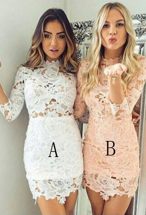 Sexy Sheath Lace 3/4 Sleeves Scalloped Neck Pink Homecoming/Cocktail Dresses IN326