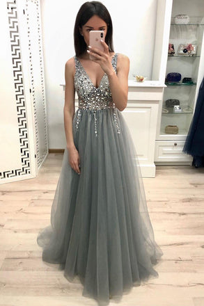 New A Line V Neck Grey Prom Dresses, Beaded Sequins Prom Dress INK22