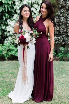 Fashion Burgundy A-Line Halter Backless Chiffon Bridesmaid Dresses with Sash IND65