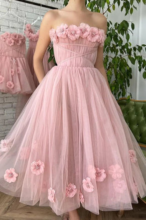 A Line Tea Length Pink Floral Prom Dresses, Formal School Party Dresses IN1992
