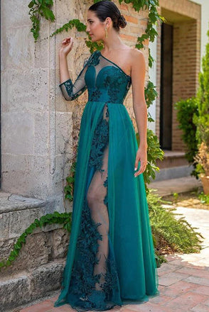 Teal Green A Line Tulle One Shoulder Floor Length Prom Dresses, Formal Evening Gown INP214