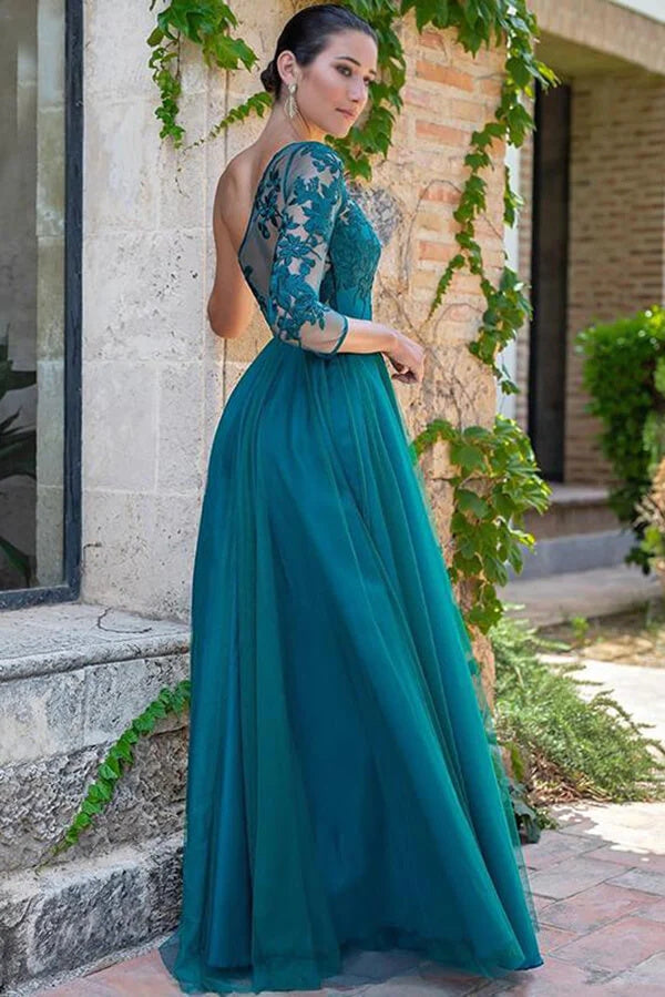 Teal Green A Line Tulle One Shoulder Floor Length Prom Dresses, Formal Evening Gown INP214