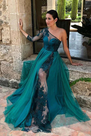 Teal Green A Line Tulle One Shoulder Floor Length Prom Dresses, Formal Evening Gown INP214