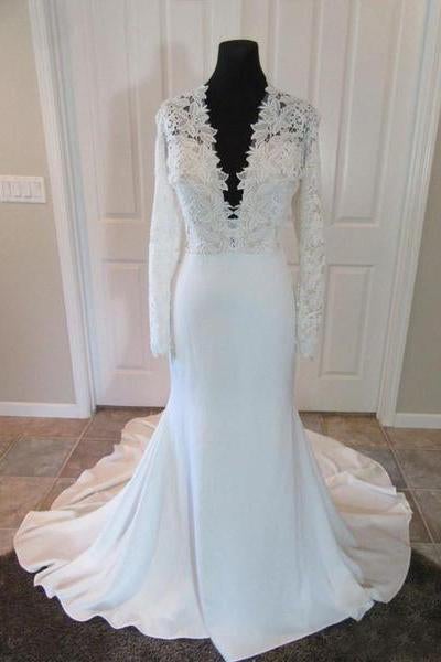 beautiful Sexy Deep V-Neck Lace Top Long Sleeve Mermaid Wedding Dress IN803