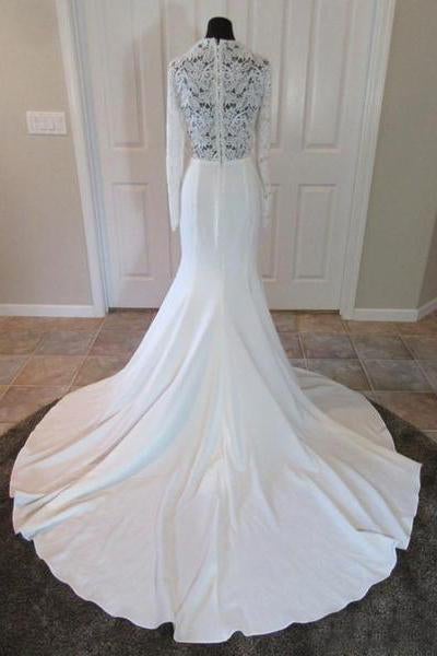 beautiful Sexy Deep V-Neck Lace Top Long Sleeve Mermaid Wedding Dress IN803
