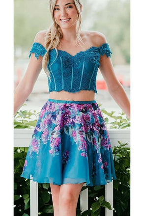 Two Piece Turquoise Off Shoulder Beading Floral Homecoming Dresses INM33