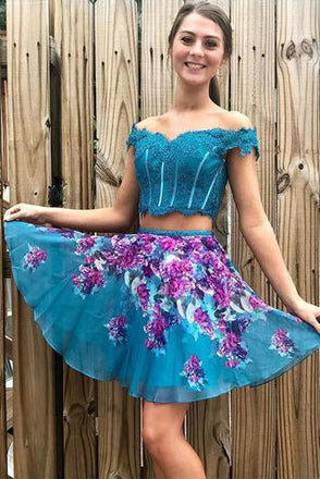 Two Piece Turquoise Off Shoulder Beading Floral Homecoming Dresses INM33