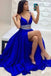 Two Pieces V Neck A Line Royal Blue Long Prom Dresses with Beaded Belt IN2001