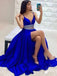 Two Pieces V Neck A Line Royal Blue Long Prom Dresses with Beaded Belt IN2001
