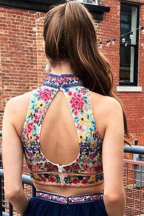 Navy Blue Two Piece Embroidery High Neck Open Back Tulle Homecoming Dresses INM28