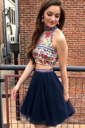 Navy Blue Two Piece Embroidery High Neck Open Back Tulle Homecoming Dresses INM28