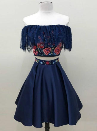 Two Piece Off the Shoulder Floral Satin Dark Blue Homecoming Dresses INE8
