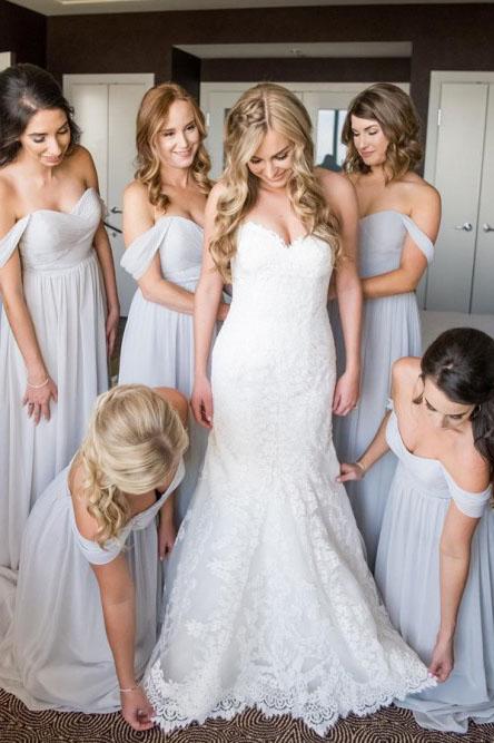 A-Line Off-the-Shoulder Light Grey Ruched Chiffon Long Bridesmaid Dresses INS45