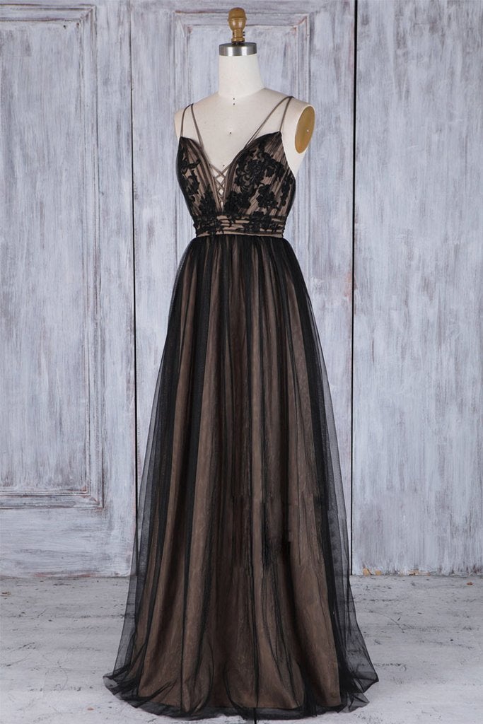 Chic Black Long Straps Tulle A Line Prom Dress,Evening Dresses IN879
