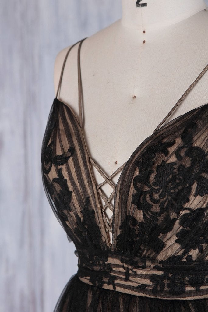 Chic Black Long Straps Tulle A Line Prom Dress,Evening Dresses IN879