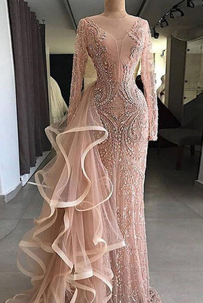 Chic Pink Sheath Long Sleeve Beading Ruffles Tulle Prom Dress INE29