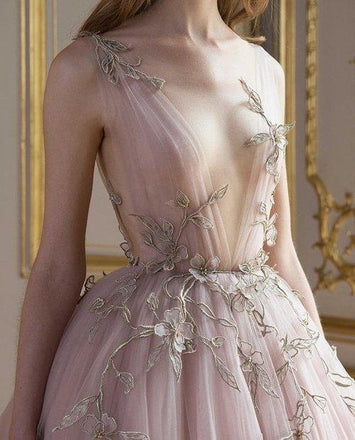 Chic A Line Lace Deep V Neck Appliques Long Prom Dress IND55