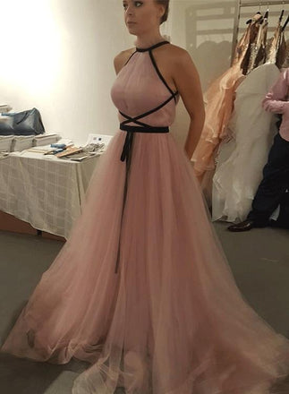 Chic Pink Tulle A Line Cheap Long Prom Dress,Evening Dresses INE17